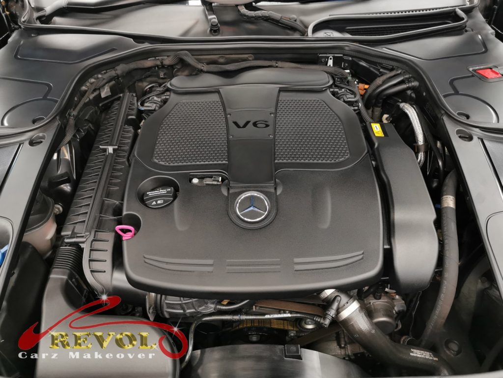 Mercedes V6 engine bay detail after respray